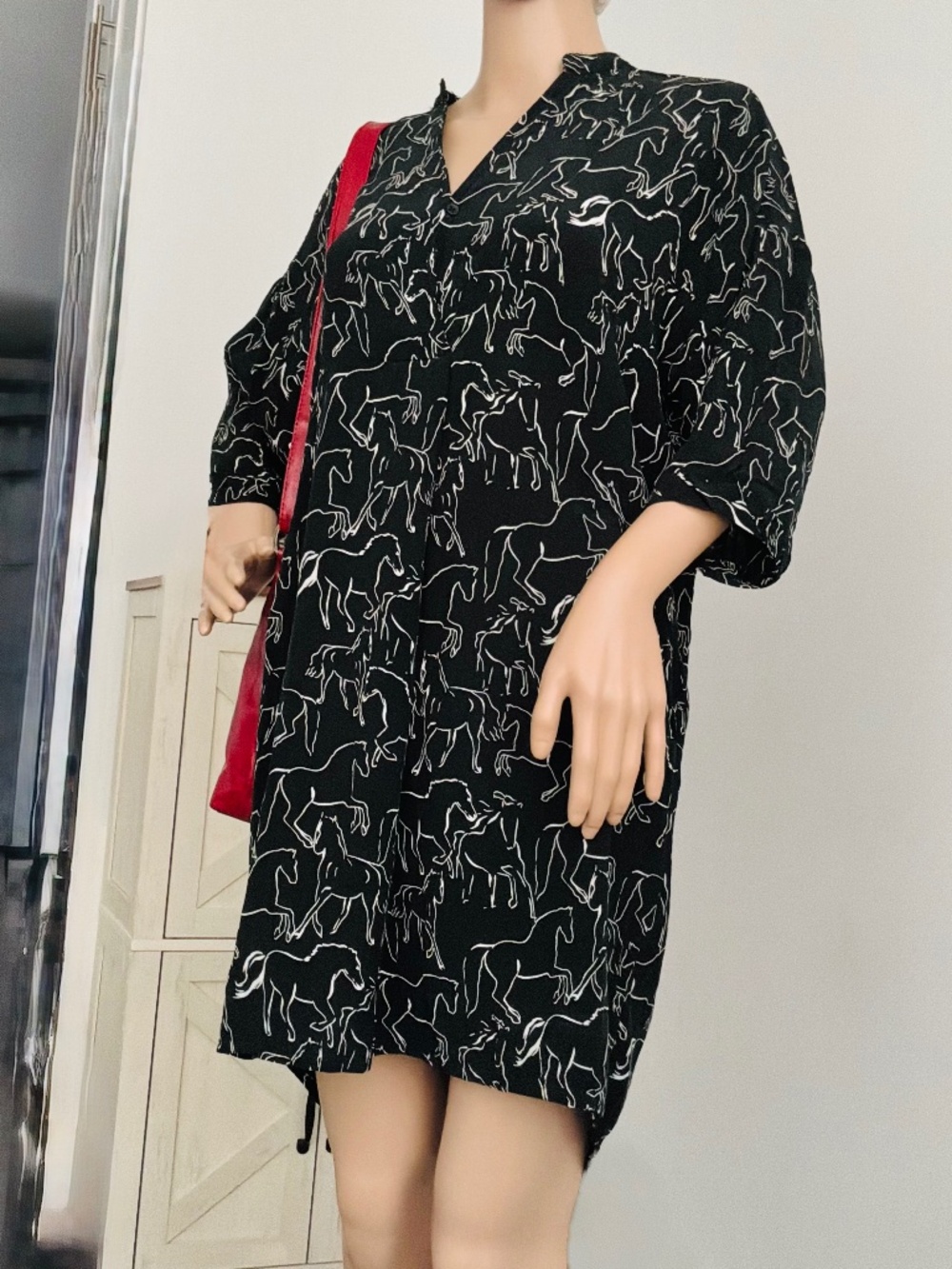 Equestrian Stallion Horse Print Shirt Shift Dress Black White - Size S